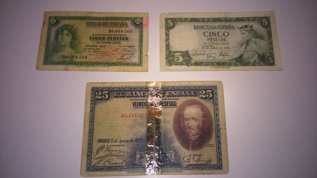 7 Billetes españoles del año 1925 a 1970