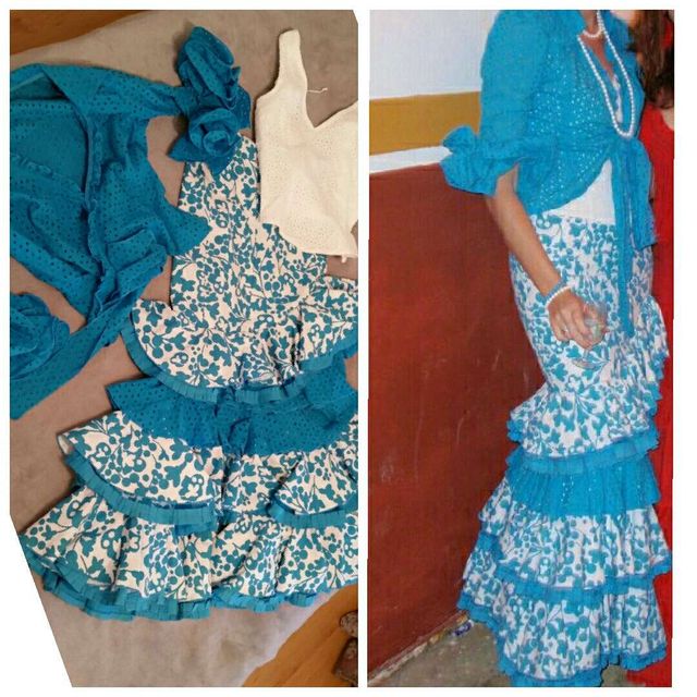 Traje flamenca ( gitana) azul y blanco talla 38-40