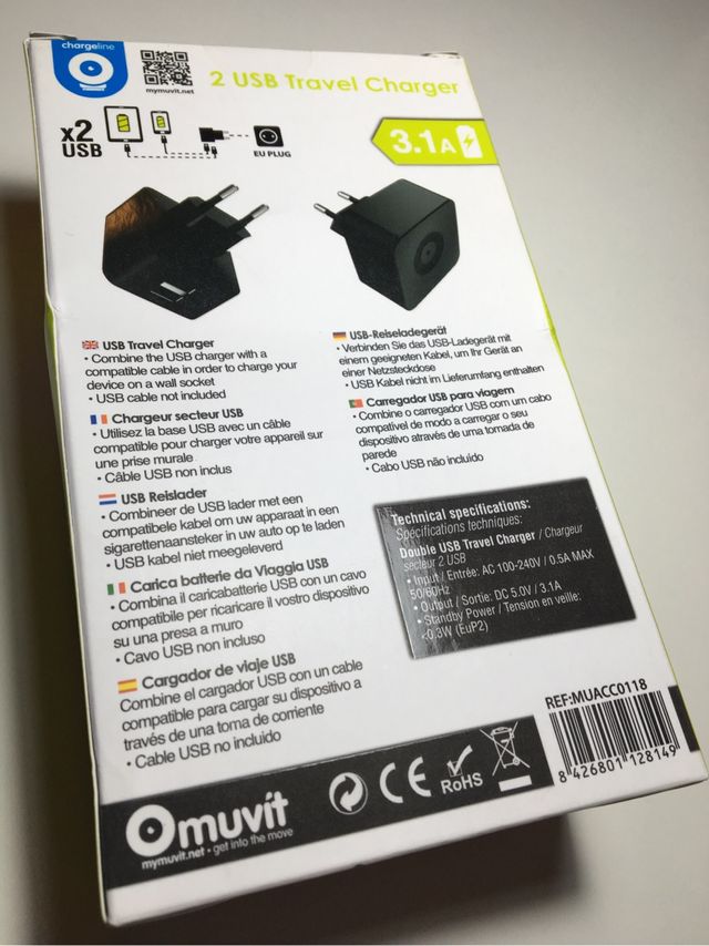 🔌 Cargador MUVIT Con 2 puertos USB 3.1 A