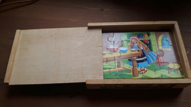 6 puzle de madera y su caja para guardarlos
