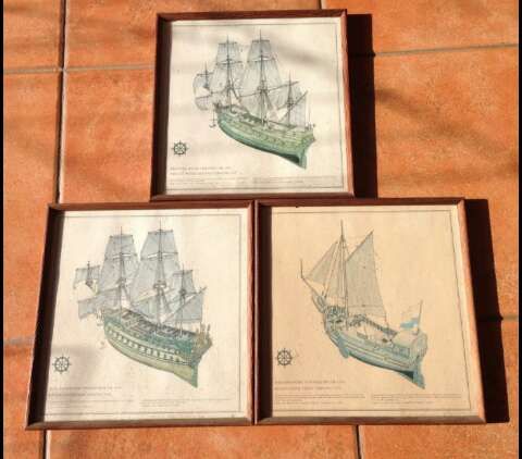 3 cuadros de lamina con barcos antiguos