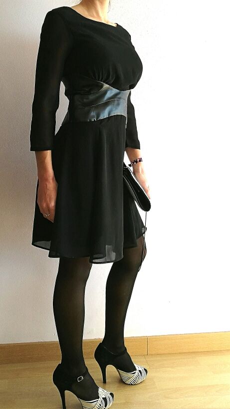 Vestido cupple piel y gasa negro 38