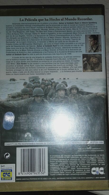 Película VHS Salvar al soldado Ryan