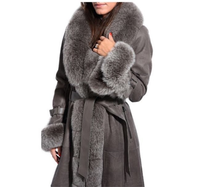 Abrigo de cuero y pelo de Zorro, forro piel conejo