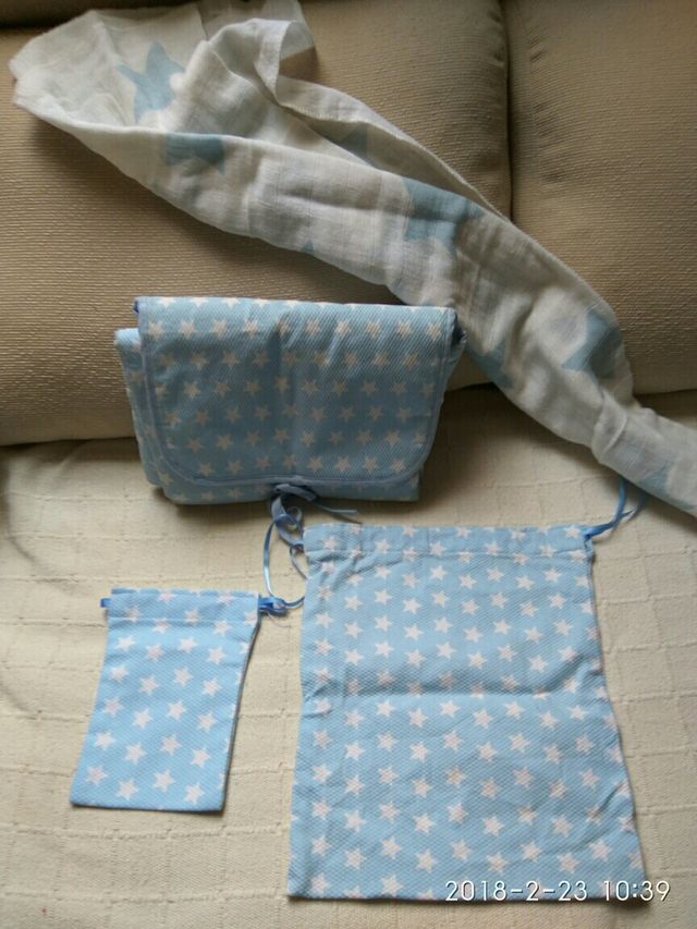 CONJUNTO DE CAMBIADOR, MUSELINA, BOLSA PARA BEBE