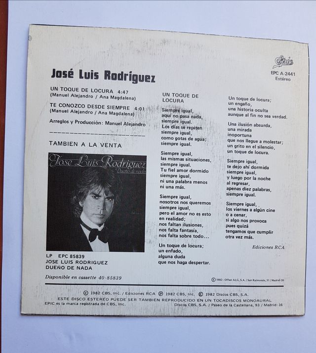 Disco viniloJOSE LUIS RODRIGUEZ(UN TOQUE DE LOCURA