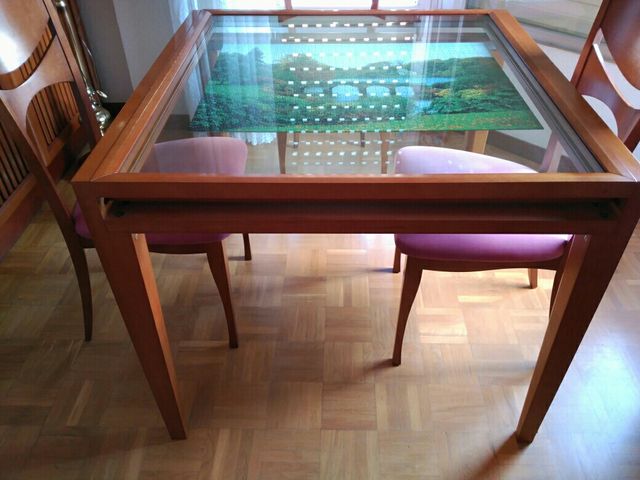 Mesa extensible para comedor de madera y cristal de segunda mano por ... Mesa extensible para comedor de madera y cristal de segunda mano por ...
