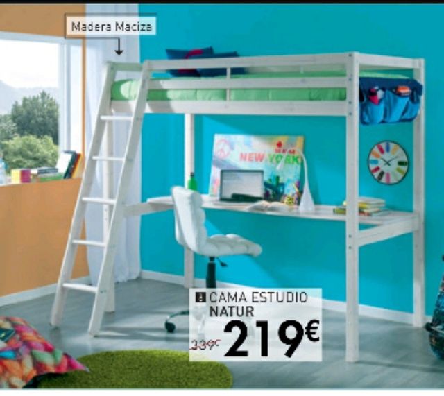 Cama Litera Alta Blanca De Madera Con Escritorio De Segunda Mano Por