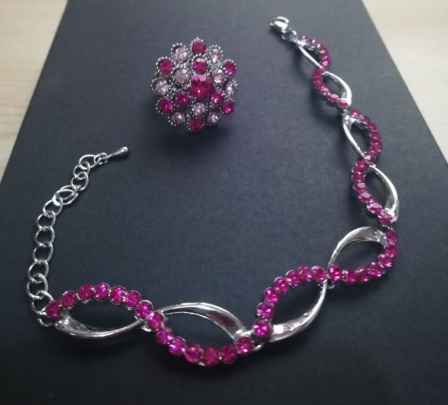 Pendientes, pulsera, anillo RODIO FuCsiA
