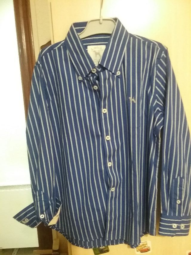 Camisa azul, con rayita fina vertical en blanco.