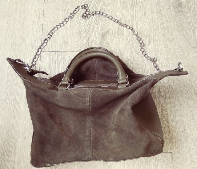 Bolso Zara, de cuero y ante verde oliva, Nuevo!!