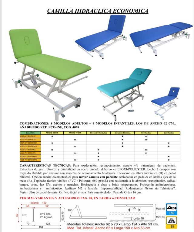 Camilla 2 cuerpos hidráulica ruedas fisioterapia