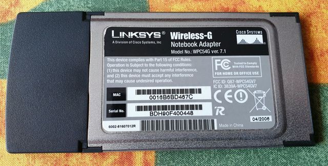 Tarjeta PCMCIA Linksys WPC54G versión 7.1