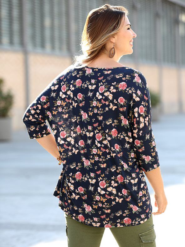 VENCA T-shirt a manica giapponese con fiori e polsino NUOVA