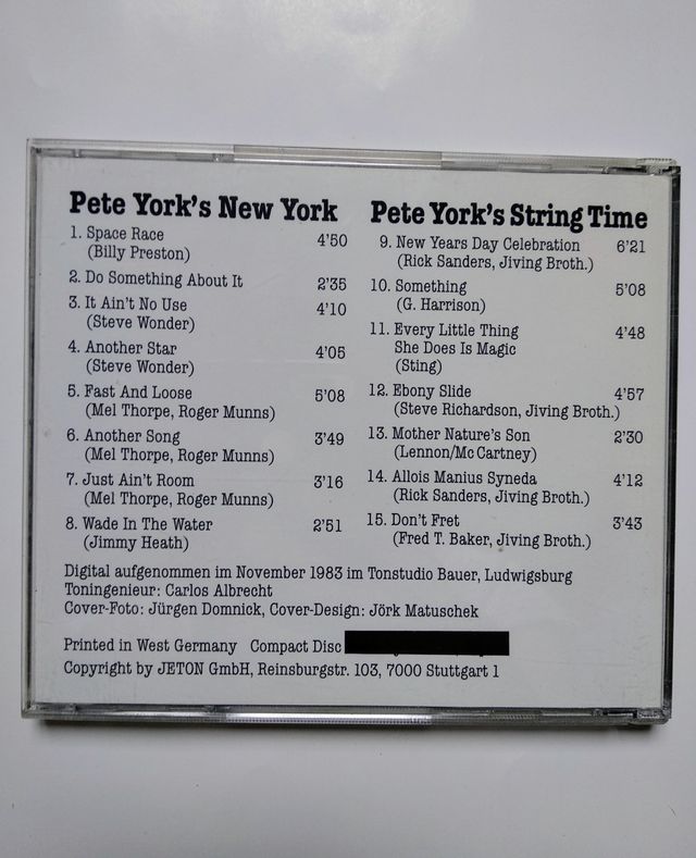 PETE YORK - 'String Time in New York' CD (Jazz) 