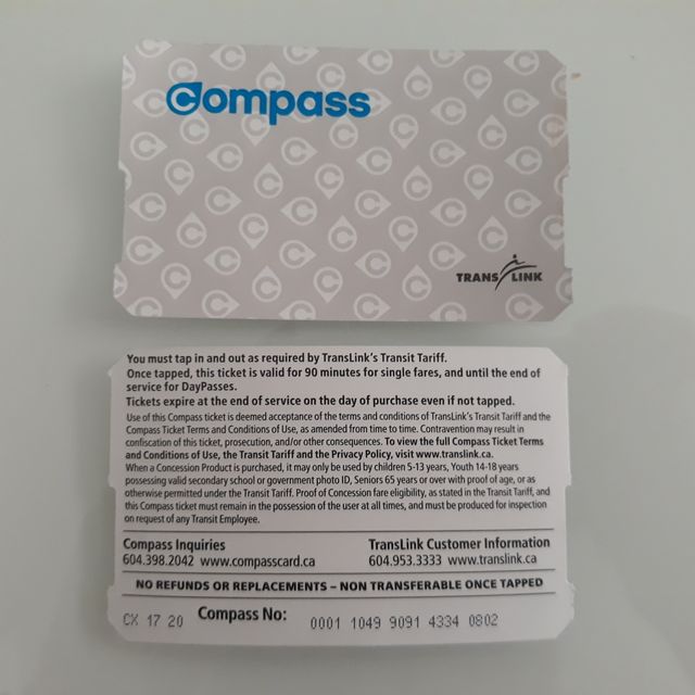 Tarjeta transporte usada Vancouver