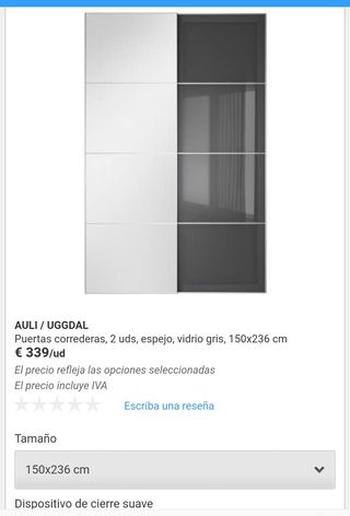 Puertas correderas armario Ikea de segunda mano por 150 € en AULI Puertas correderas, 2 uds, espejo, 150x236 cm IKEA