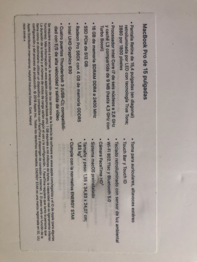 MacBook Pro i7 15"4 16Gb SDRAM graphics 630. 1500€