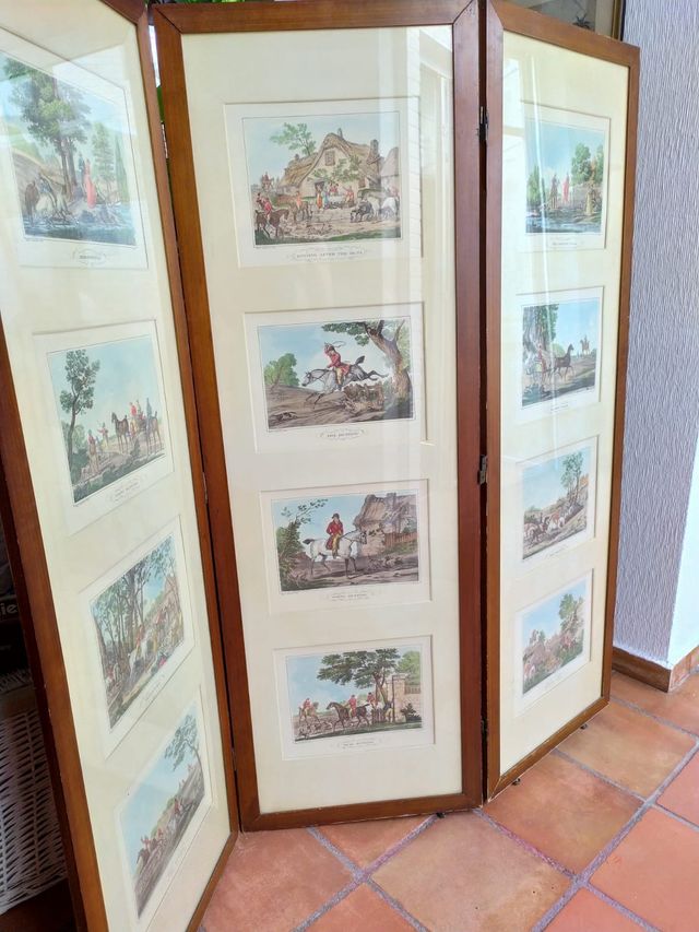 Biombo de 3 hojas con escenas de caza