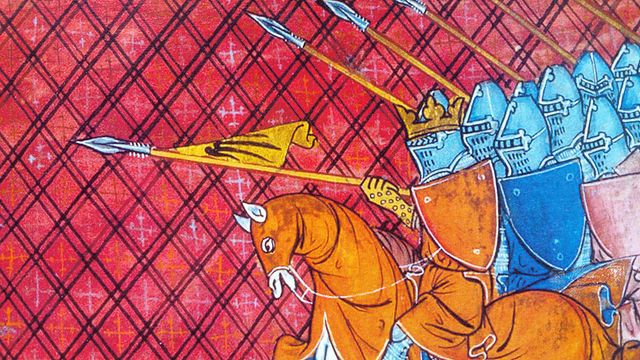 Dipinto medievale con cariche di cavalleria