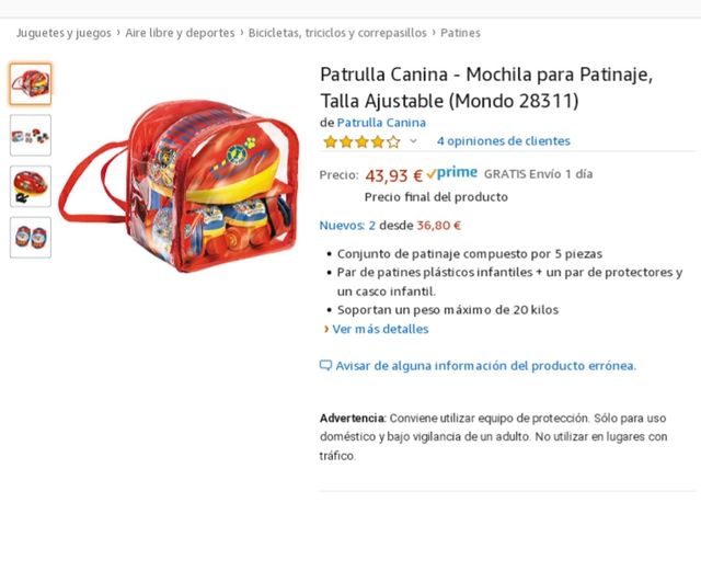 patines, protecciones y casco y vajilla