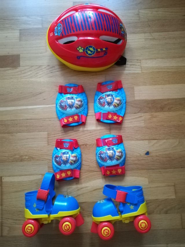 patines, protecciones y casco y vajilla
