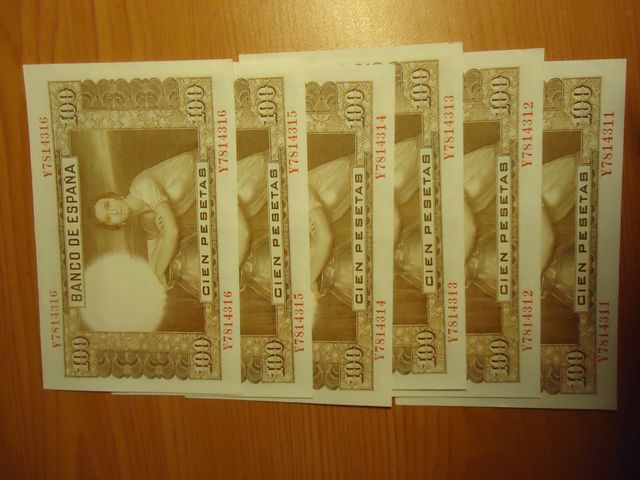 7 BILLETES NUEVOS  100 PTS.  JULIO ROMERO.AÑO 53