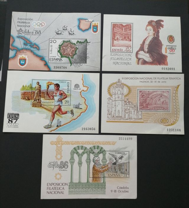 Lote sellos hojas postales exposición filatelica