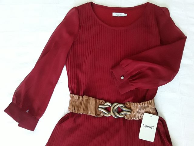 Vestido gasa, plisado, color Burdeos, Talla 42