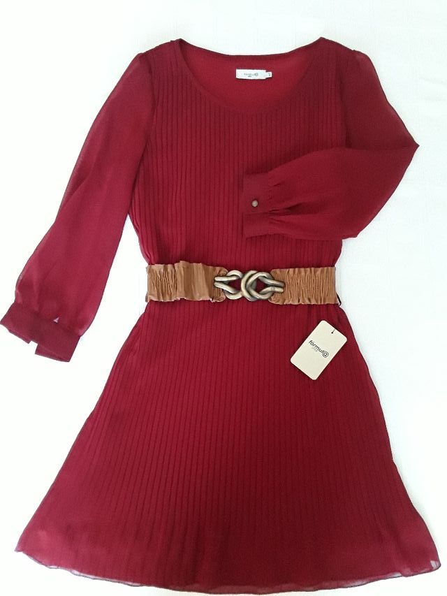 Vestido gasa, plisado, color Burdeos, Talla 42