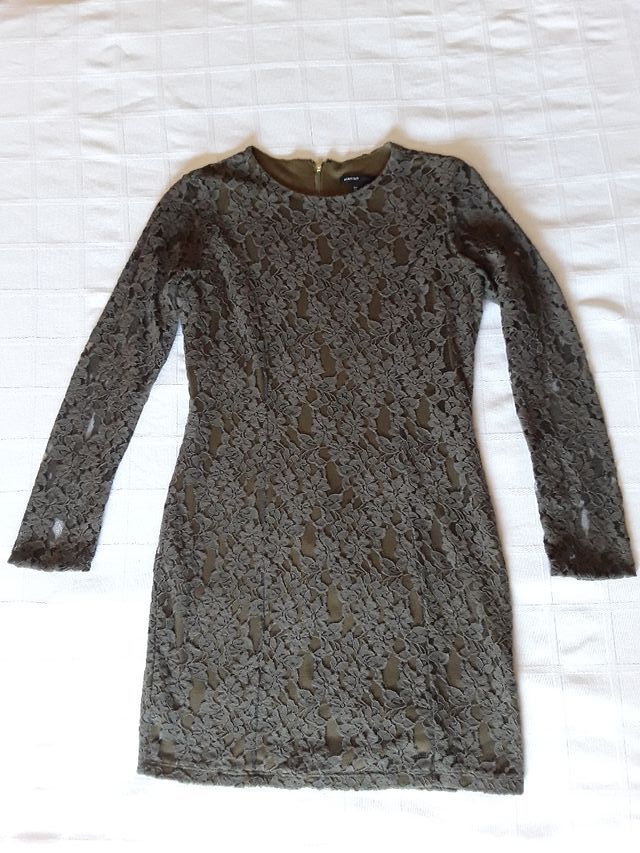 Vestido brocado, verde, talla L, MANGO