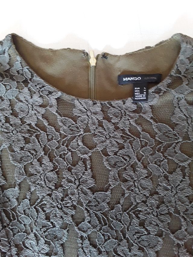 Vestido brocado, verde, talla L, MANGO