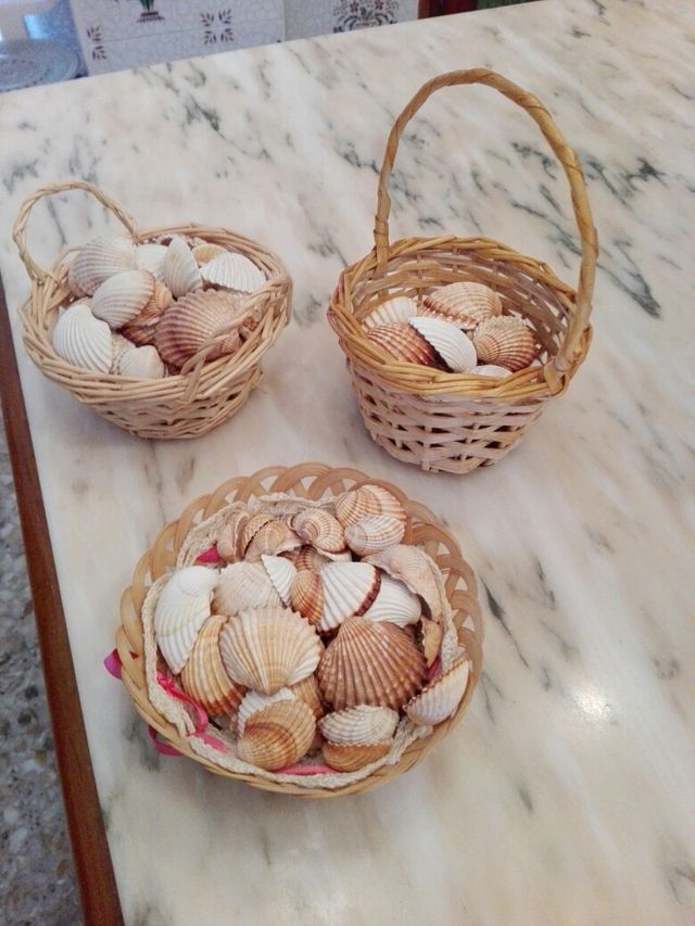 tres cestitas con conchas muy. bonitas
