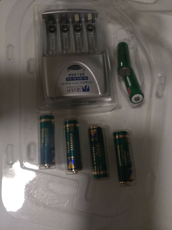 Cargador rápido de pilas y 6 pilas recargables.