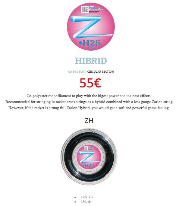 Cordaje tenis 200m Zarlon Xtreme o Hibrid