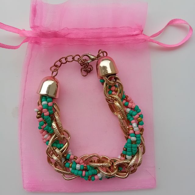 Pulsera color coral, turquesa y dorada