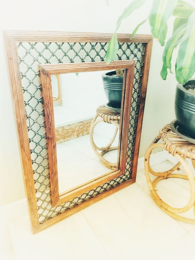 ESPEJO RÚSTICO ARTESANAL MADERA Y HIERRO FORJADO de segunda mano por 86