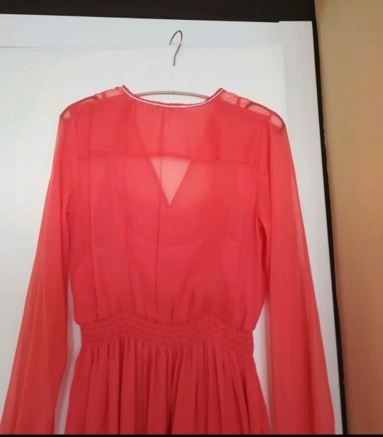 Vestido largo de gasa coral,manga larga talla XS