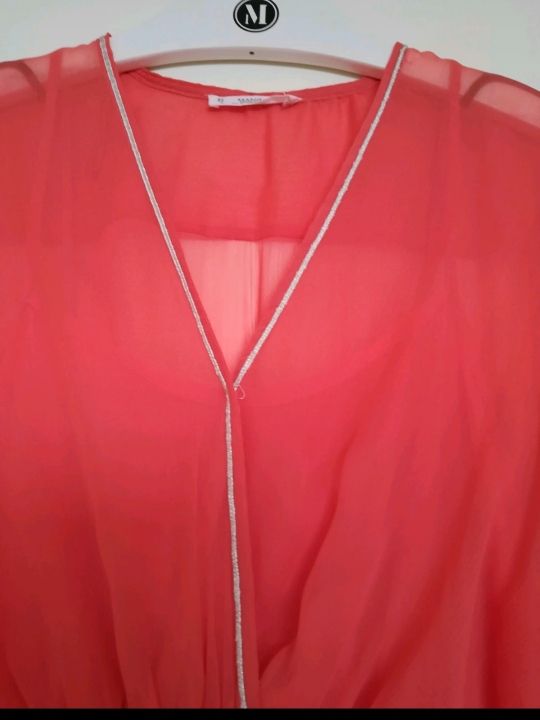 Vestido largo de gasa coral,manga larga talla XS