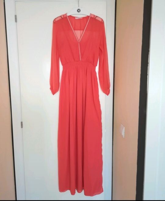 Vestido largo de gasa coral,manga larga talla XS