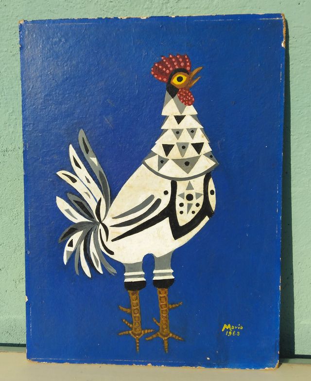 CUADRO VINTAGE AL ÓLEO, Gallo Blanco 1963, firmado