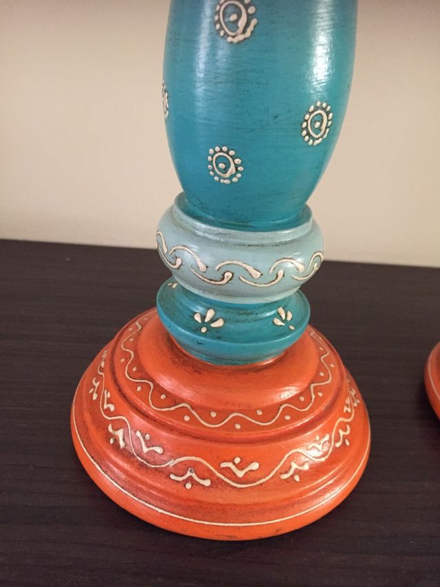 Portavelas madera lacada bicolor, 31 cm