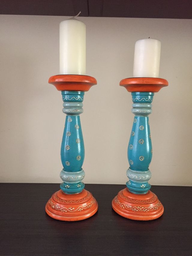 Portavelas madera lacada bicolor, 31 cm