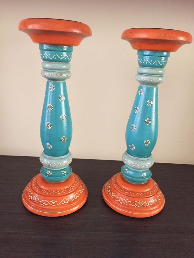 Portavelas madera lacada bicolor, 31 cm