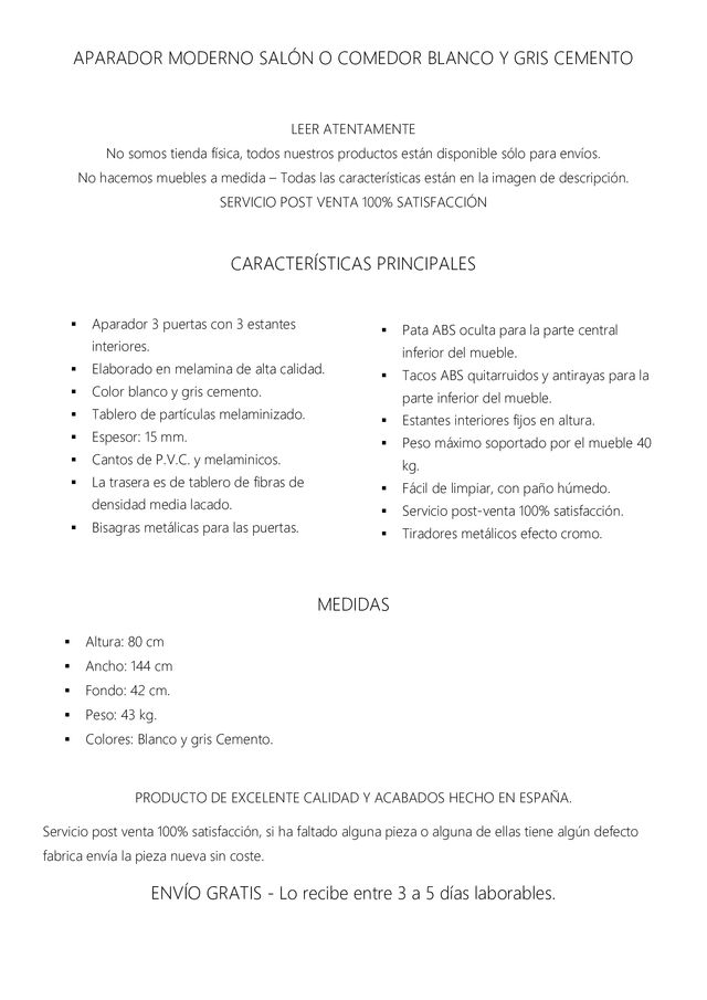 APARADOR MODERNO SALÓN O COMEDOR BLANCO Y GRIS de segunda mano por 199