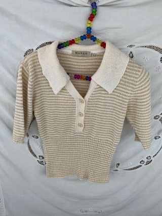 Camisetas Mango de segunda mano en Ceboliño en WALLAPOP CAMISA SIKSILK BEIGE RAYAS VIVO MANGA CORTA