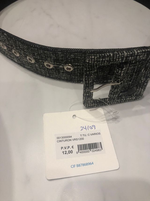 cinturon tweed blanco y negro