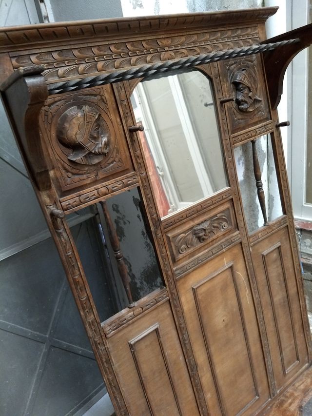 Recibidor Perchero antiguo de madera con espejo de segunda mano por 82