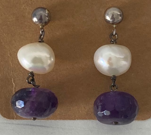 Pendientes plata de perlas y amatistas naturales