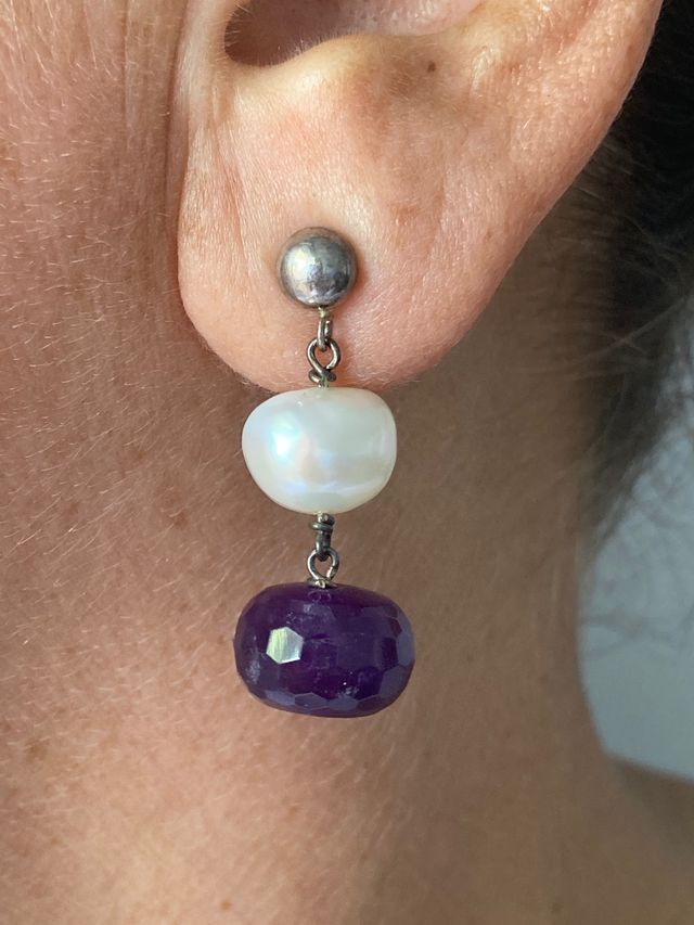Pendientes plata de perlas y amatistas naturales